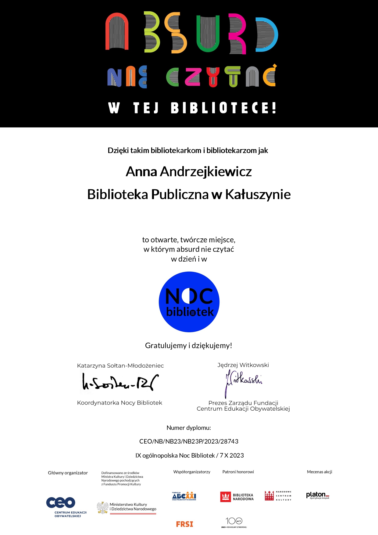 Certyfikat dla Dyrektor Biblioteki Publicznej w Kałuszynie za udział w Nocy Bibliotek 2023